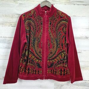 Coldwater Creek Velvet Paisley Jacket Burgundy Red Full‎ Zip Womens Large